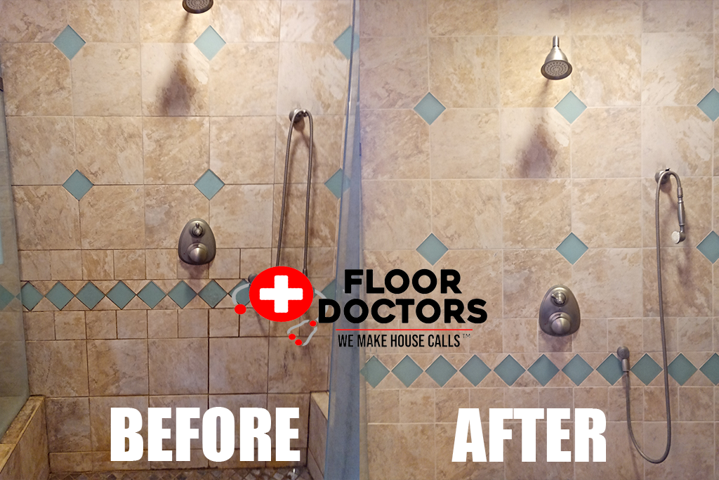 Restored shower tile and grout — before and after