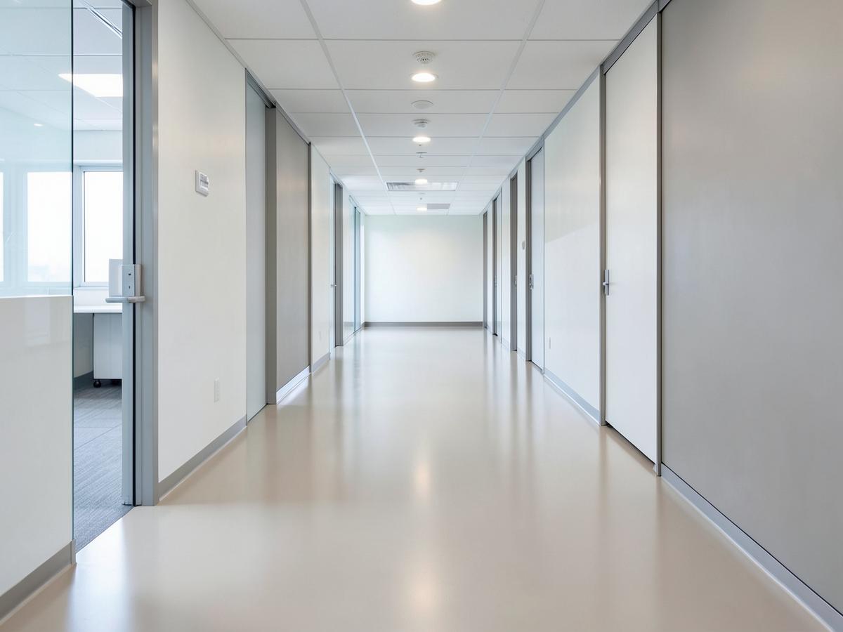 Restored resilient flooring in a medical office corridor