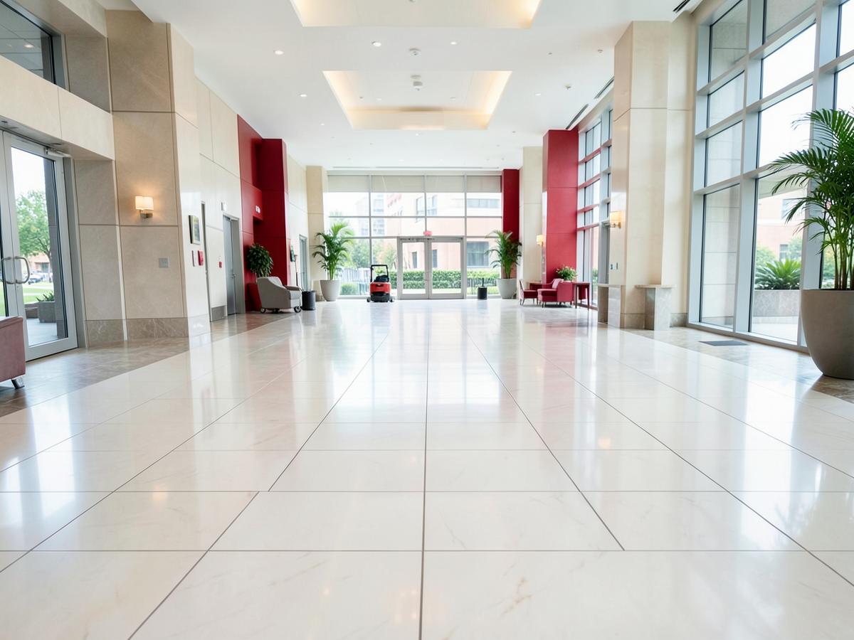 Professionally restored tile and grout floor in a commercial lobby
