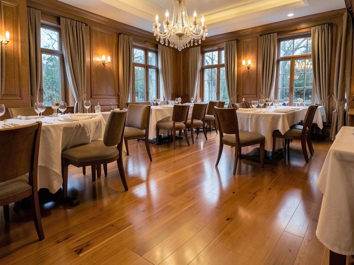 Professionally restored wood floor in a restaurant